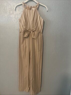 GB girls Tan and White Striped Halter Jumpsuit with Waist Tie